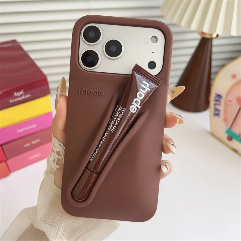 Material: Nylon, Color: Dark Grey, Bundle: Bundle1 - With Lipstick Phone Case for iPhone 17 13 14 15 16 17 Pro Max Plus 12 17 Air Silicone Lip Gloss Holder Hot INS Soft Cover Funda