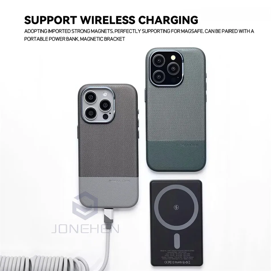 Color: Beige, Material: POLYESTER - Luxury Hit Color Wireless Charge For MagSafe Premium Leather Case For iPhone 16 Plus 15 14 13 Pro Max Alloy Len Shockproof Cover