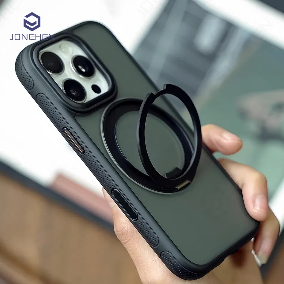 Color: Beige, Material: PC - 360?° Rotation Ring Stand Magnetic Case For iPhone 13 14 15 16 17 Pro Max 16E Matte Military Shockproof Armor Cover For Magsafe