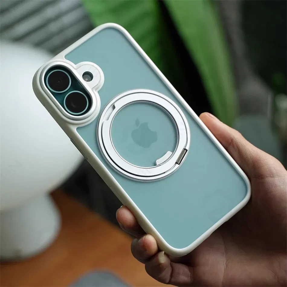 Color: Beige, Material: PC - 360?° Rotation Ring Stand Magnetic Case For iPhone 13 14 15 16 17 Pro Max 16E Matte Military Shockproof Armor Cover For Magsafe