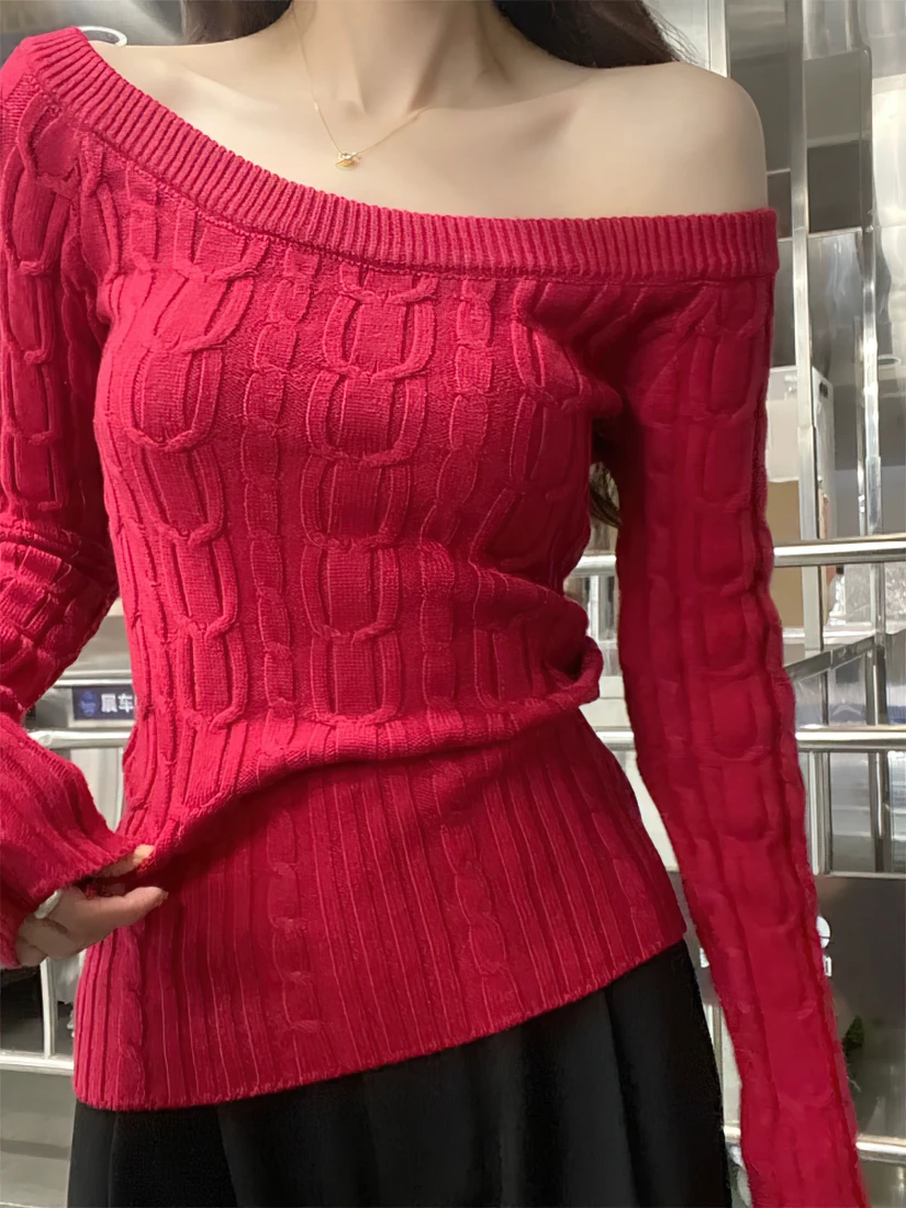 Color: Burgundy, Size: L - Casual Off shoulder Rib Knit Sweater Pull Women Long sleeve Top Basic Tees White Slim Pullovers Lady Sexy One Shoulder New