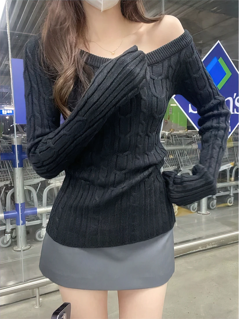 Color: Burgundy, Size: L - Casual Off shoulder Rib Knit Sweater Pull Women Long sleeve Top Basic Tees White Slim Pullovers Lady Sexy One Shoulder New