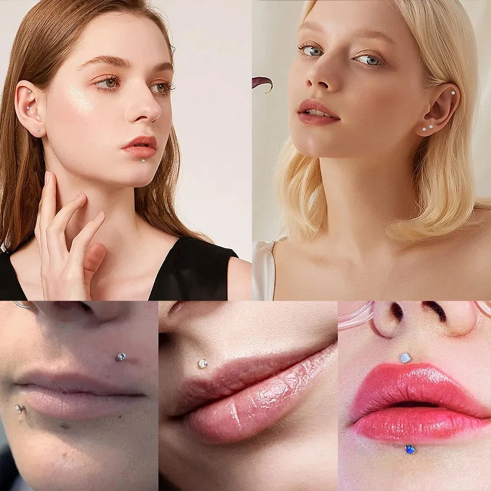 Metal color: SILVER PLATED, Ships From: CHINA, Main Stone Color: green - 10PCS ASTM F136 G23 Titanium Piercing Labret Lip Ring Stud Earring CZ Ear Tragus Cartilage Helix Daith Pierc Jewelry 16/18/20g