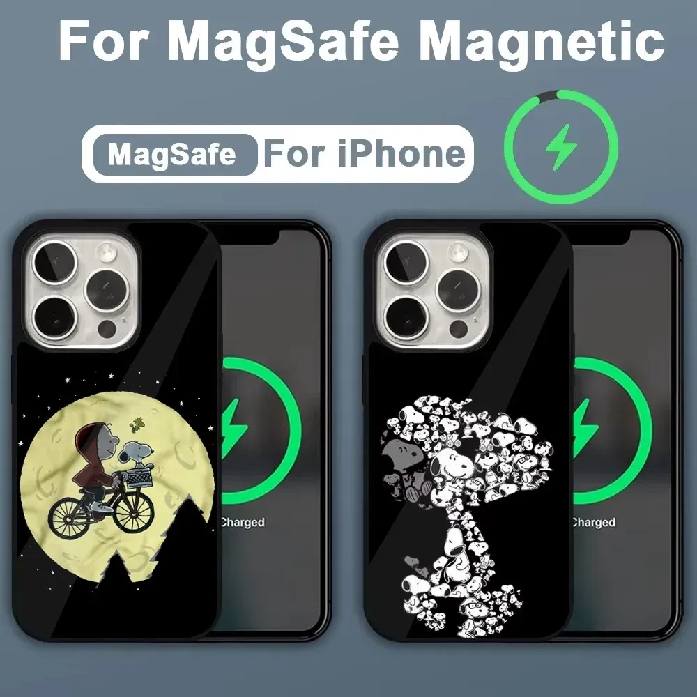 Color: Brown, Material: leather - Anime Cartoon-S-Snoopy-s Phone Case For iPhone 16,15,14,13,12,11,Plus,Pro,Max,Mini Magsafe Magnetic Wireless Charging