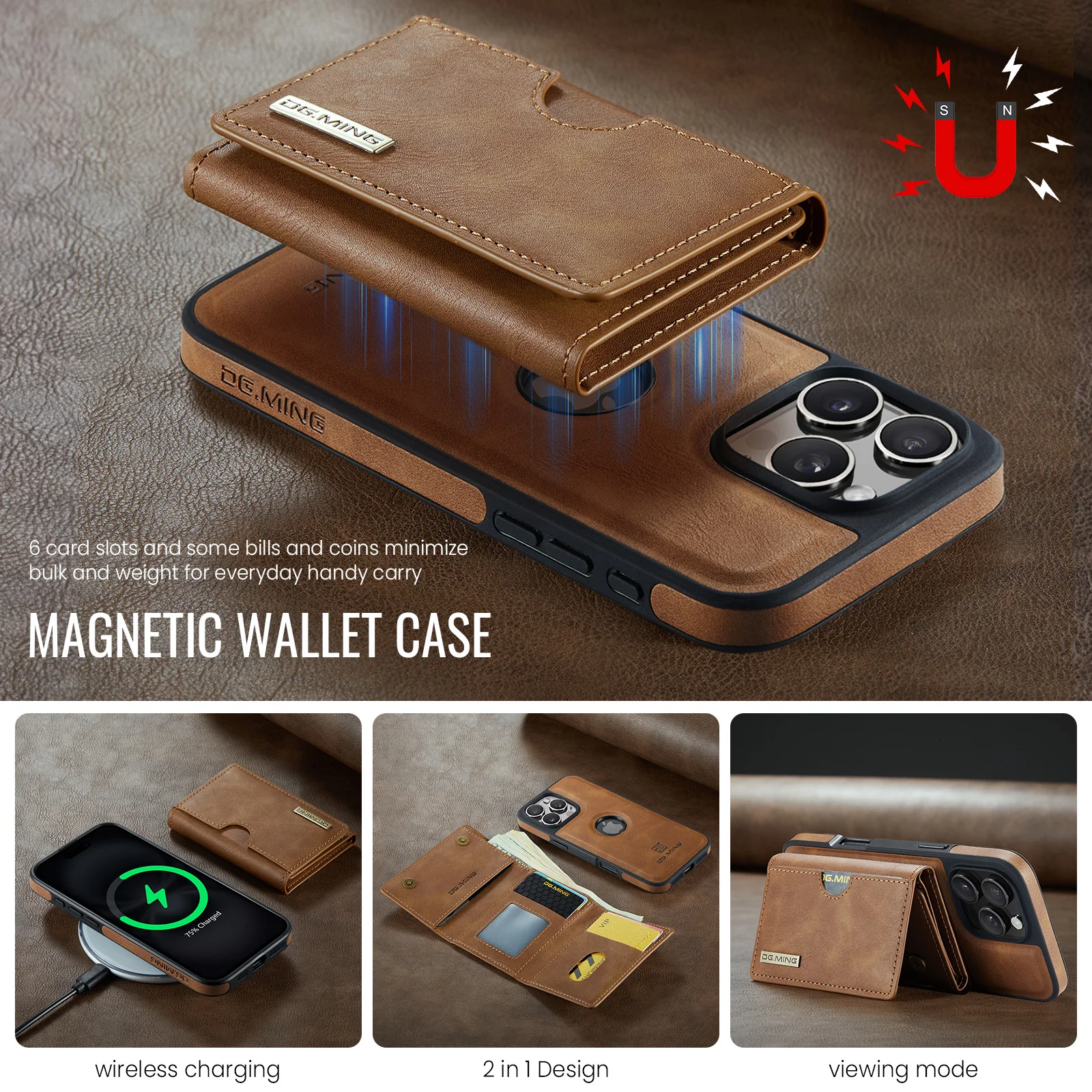 Color: Brown, Material: Microfiber - Detachable 2 IN 1 Magnetic For Magsafe Leather Case For iPhone 16 Pro Max 15 12 13 11 14 Plus 16e Flip Wallet Card Holder Cover