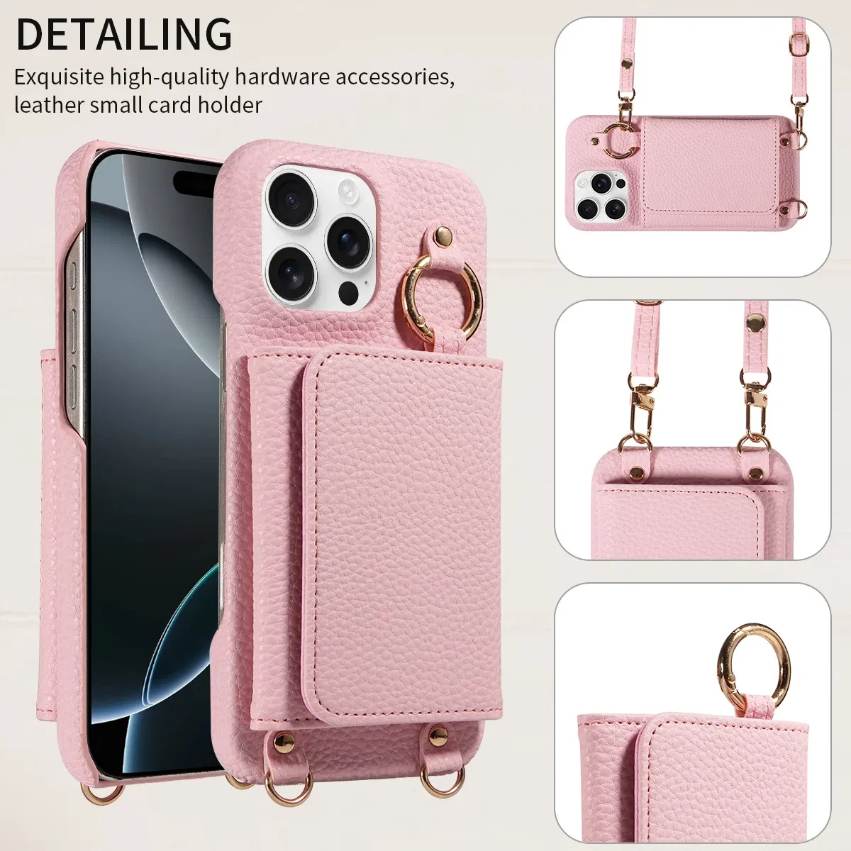 Color: Pink, Bundle: Case & Strap, Material: Artificial Leather, Compatibility by Model: iPhone 16 Pro - For IPhone16 15 Pro Max 14 13 12 Series PU Leather Magsafe Magnetic Wireless Charging Shockproof Crossbody Wallet Phone Case