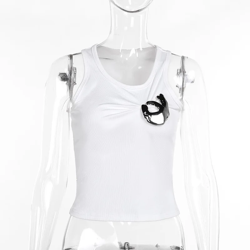 Color: Beige, Size: L - Women's Personalized Fashion Personalized Shrink Tank Top Sexy Solid Color OK Pattern Tank Top