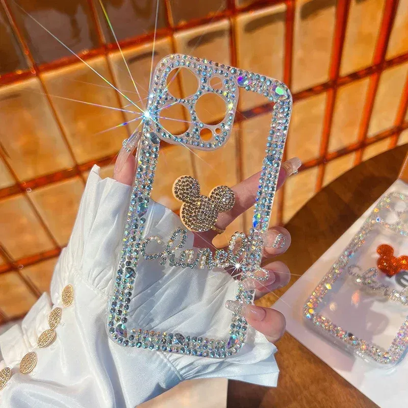 Color: black, Material: leather - Bling Glitter 3D cute cartoon Diamond soft silicon phone case For iphone 15 14 13 12 11 Pro Max 7 8 Plus X XS XR MAX Clear Cover