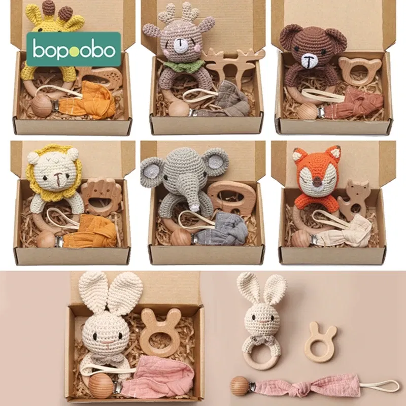 Color: VIOLET/?«?—?…° - Bopoobo 3PCS/5PCS Crochet Bunny Baby Teether Rattle Animal Beech Wood Teether Pacifier Chain Crochet Rattle For Newborn Baby