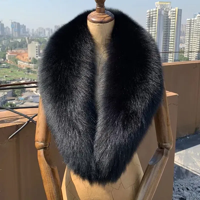 Color: Dark Khaki, Size: L - 100% Natural Real Fox Fur Collar For Women Men Coat Jacket Fur Scarf Winter Extra Large Size Neck Warmer Fur Scarf Shawls Wraps