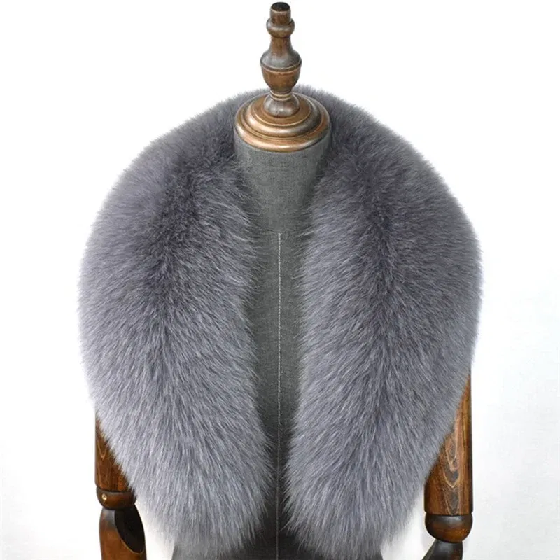 Color: Dark Khaki, Size: L - 100% Natural Real Fox Fur Collar For Women Men Coat Jacket Fur Scarf Winter Extra Large Size Neck Warmer Fur Scarf Shawls Wraps