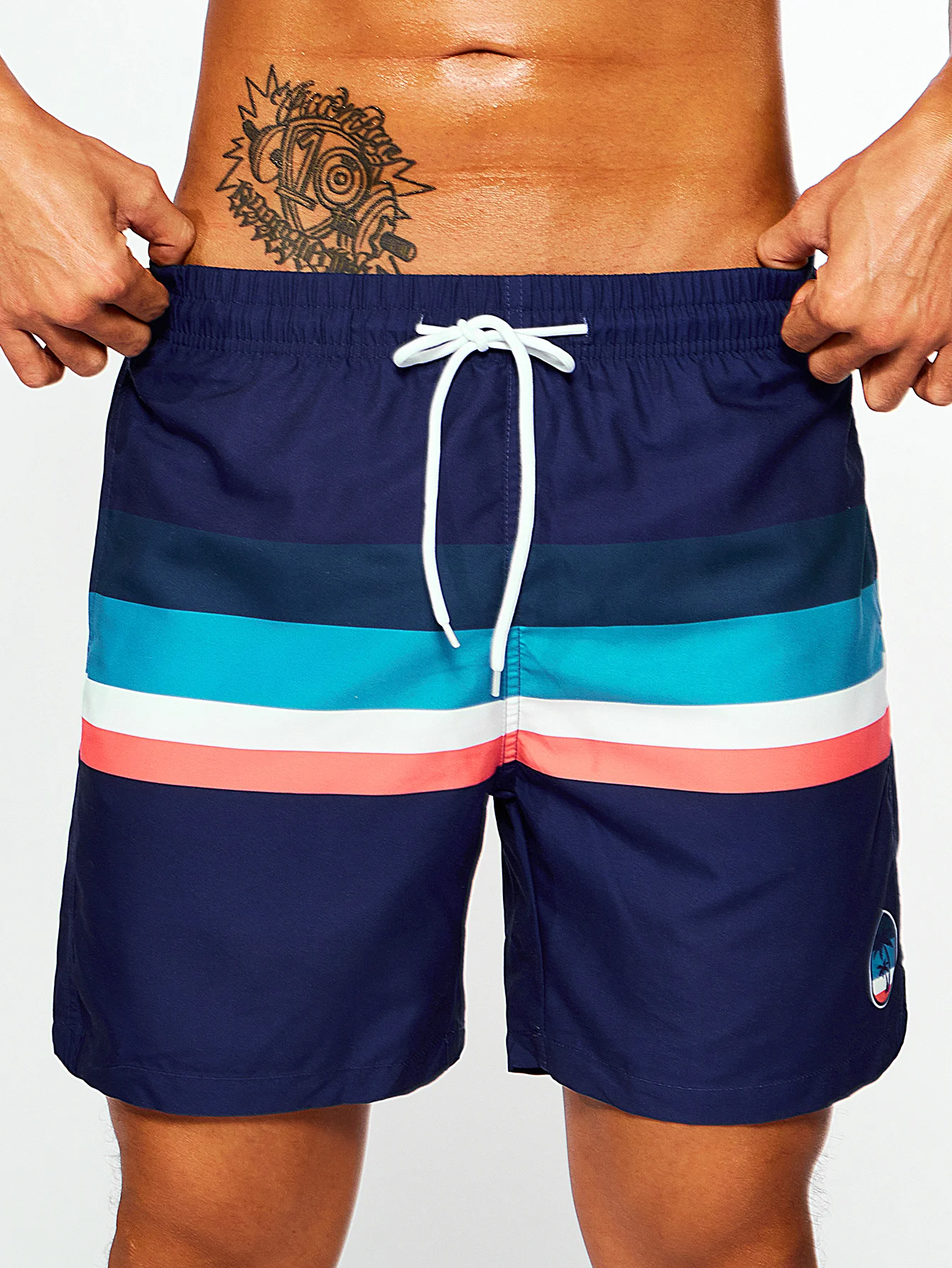 Color: MULTI, Size: M - Men's Navy Bottom Stripe Insert Print Beach Pants