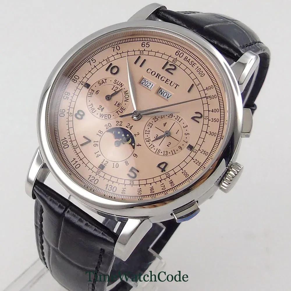 Color: Rose - Corgeut 42mm Automatic Men's Watch Date Day Month Year Rose Gold Dial Multifunction 316L Leather Strap Polished Case Day Night