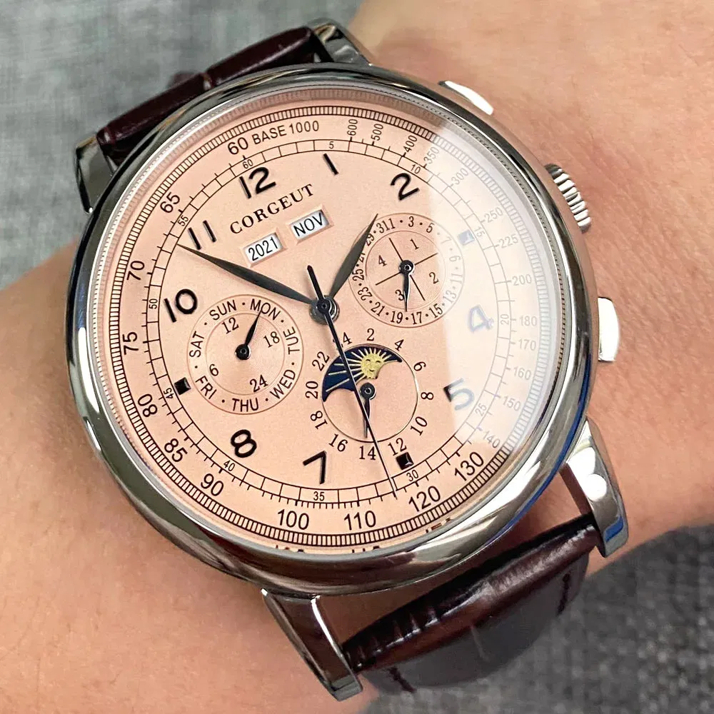 Color: Rose - Corgeut 42mm Automatic Men's Watch Date Day Month Year Rose Gold Dial Multifunction 316L Leather Strap Polished Case Day Night