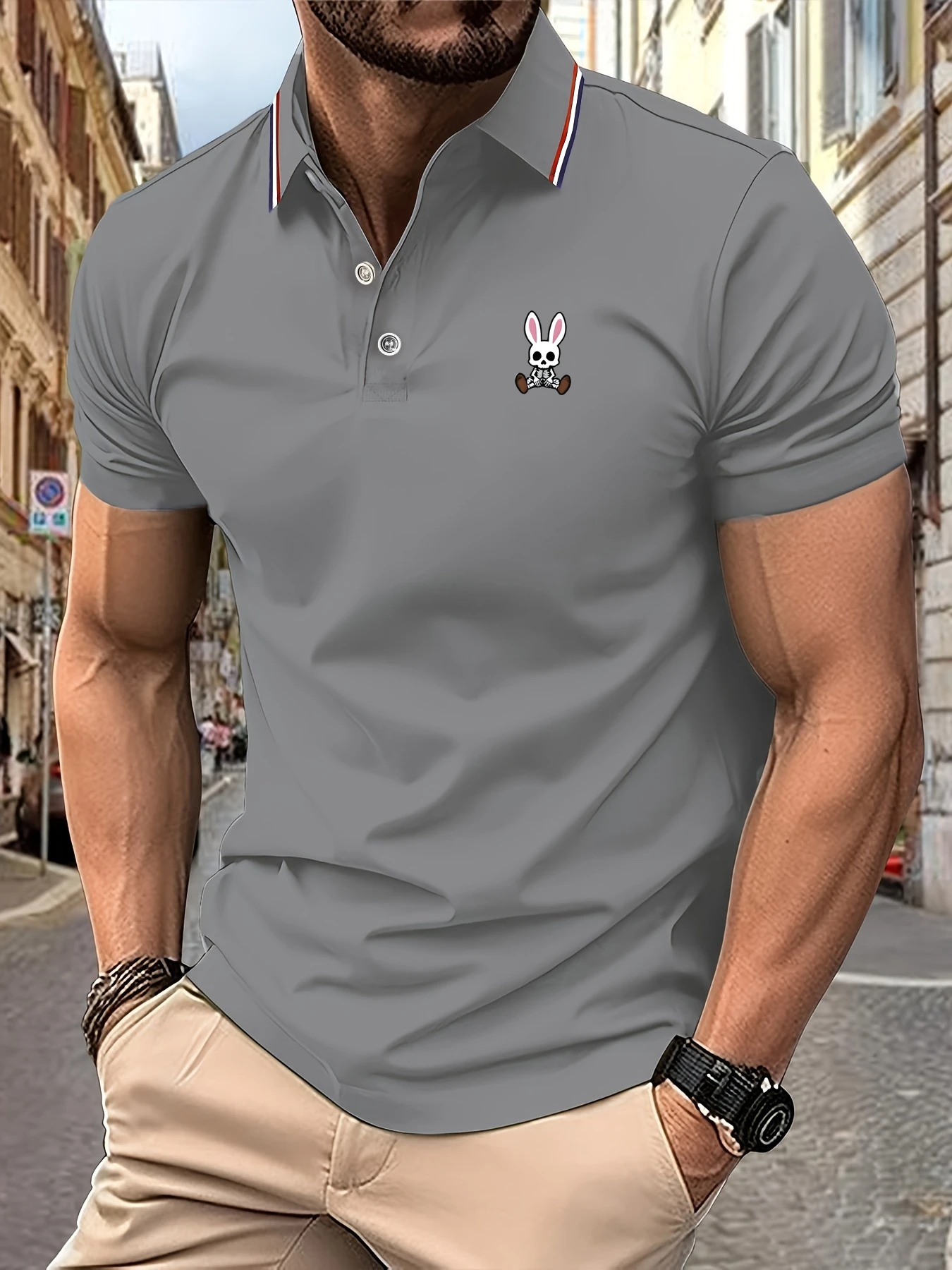 Color: Red, Size: M - Mens Polo Shirts Skulls Rabbit Print 2025 New Summer Lapel Stripes Men Short Sleeve Casual Breathable Light Luxury T-Shirt