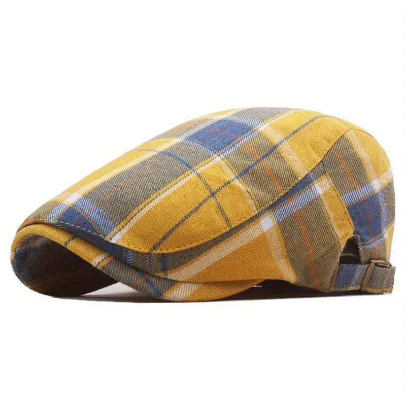 Color: Pink - Men's Plaid Pattern Flat Cap Newsboy Hat Women Beret Cabbie Gatsby Cap