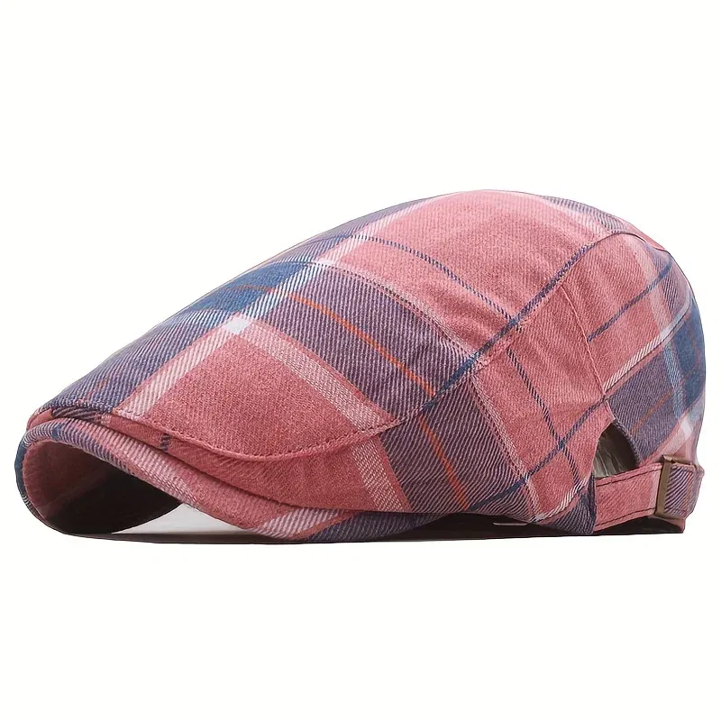 Color: Pink - Men's Plaid Pattern Flat Cap Newsboy Hat Women Beret Cabbie Gatsby Cap