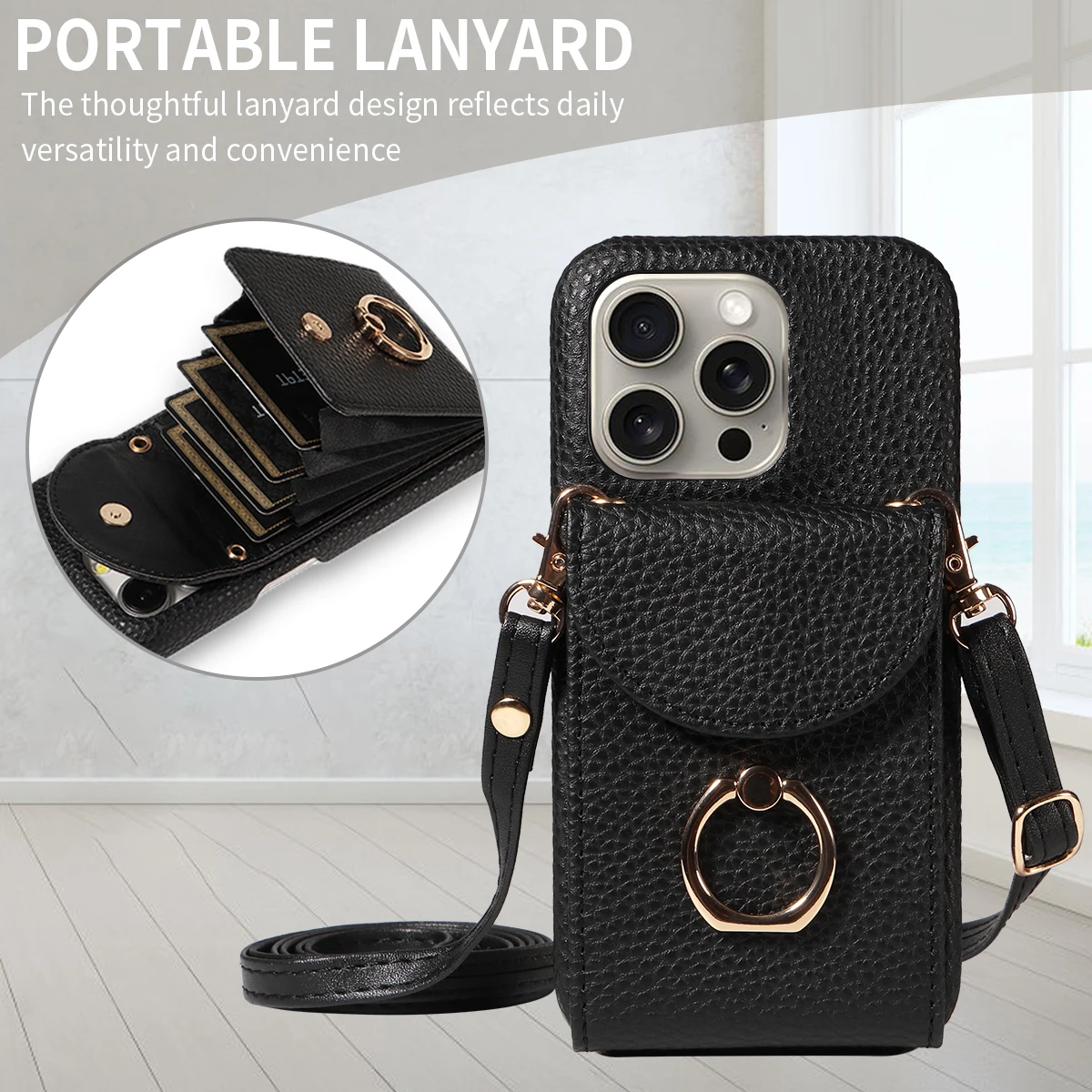 Color: Beige, Compatible-Phone Models: For iPhone 15 Plus, Bundle: Case & Strap, Material: Artificial Leather - High Quality Ring Stand Lychee Pattern Phone Case for IPhone16promax15 14 13 Crossbody with Lanyard PU Leather Anti-fall Cover