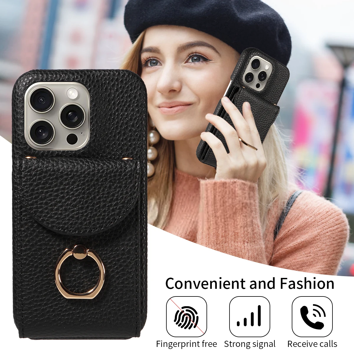 Color: Beige, Compatible-Phone Models: For iPhone 15 Plus, Bundle: Case & Strap, Material: Artificial Leather - High Quality Ring Stand Lychee Pattern Phone Case for IPhone16promax15 14 13 Crossbody with Lanyard PU Leather Anti-fall Cover