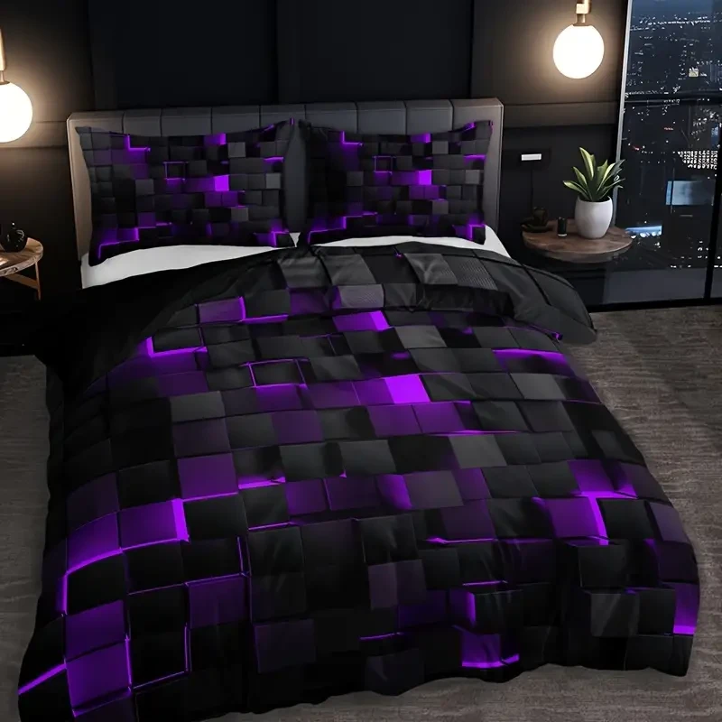 3-Piece Red Grid Duvet Cover Set