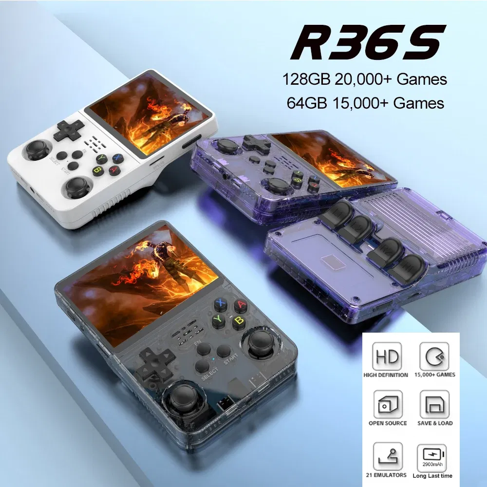 Color: PURPLE - R36S Retro Handheld Video Game Console Linux System 3.5 Inch IPS Screen Portable Pocket Video Player 64GB RG35S Plus