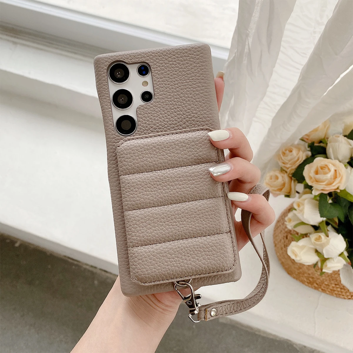 Color: GRAY, Material: Nylon - Luxury Lanyard Wallet Case For Samsung Galaxy S21 FE S22 S23 Plus Note 20 Ultra A52 A53 A54 5G Lichee Pattern Leather Cover