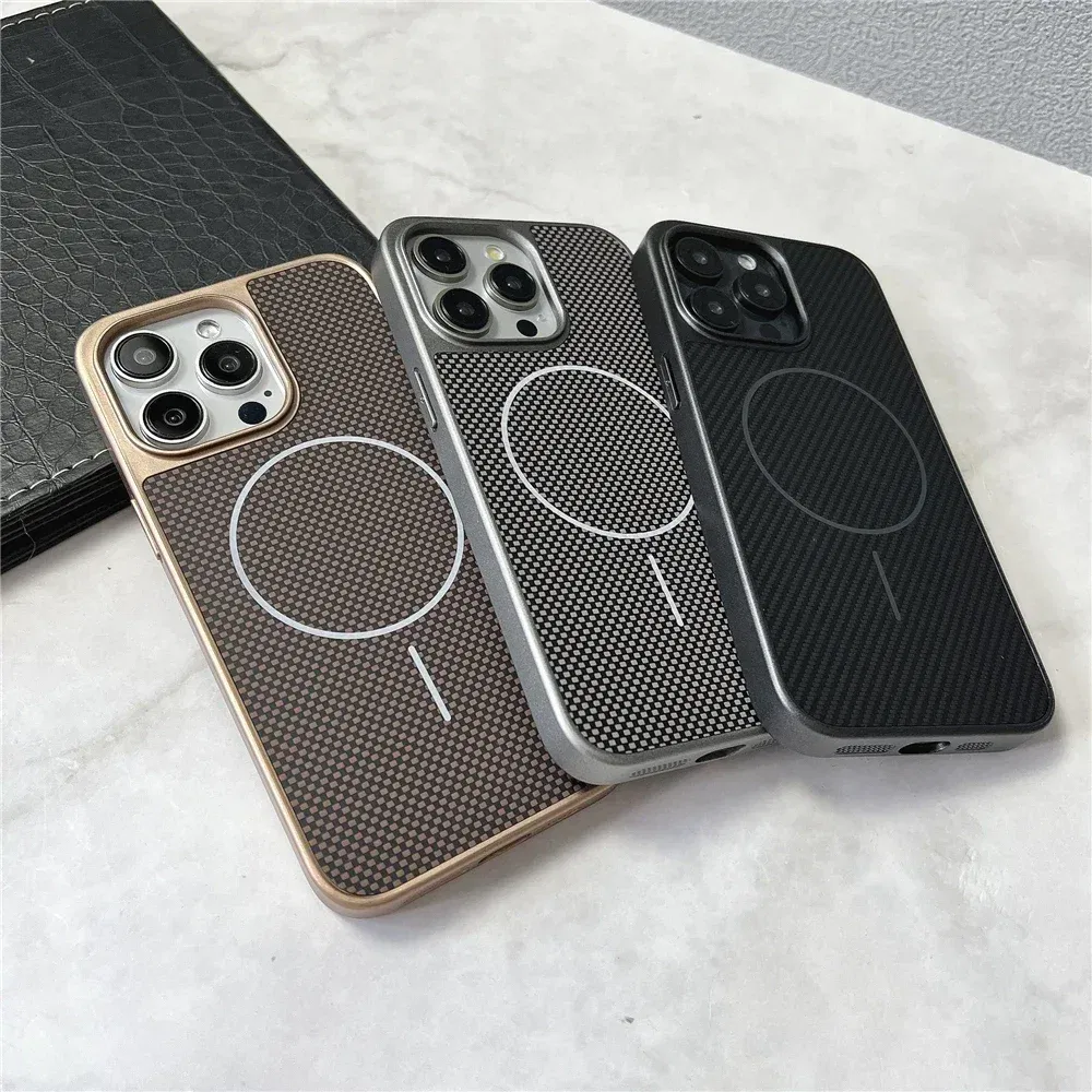 Color: Brown, Compatible-Phone Models: For iPhone 14 Pro - Carbon Fiber Textured Magnetic Phone Case For iPhone 16 Pro Max 15 14 13 12 Shockproof Soft Cover For Magsafe Wireless Charging