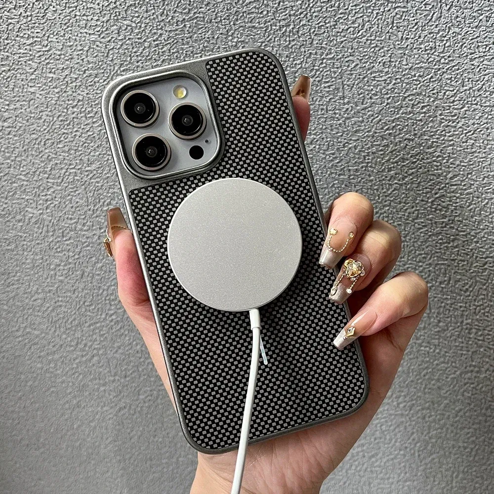Color: Brown, Compatible-Phone Models: For iPhone 14 Pro - Carbon Fiber Textured Magnetic Phone Case For iPhone 16 Pro Max 15 14 13 12 Shockproof Soft Cover For Magsafe Wireless Charging