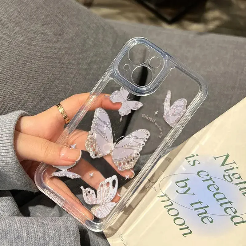 Color: Clear, Material: PP - Simple Space Transparent Anti-fall Phone Case For iPhone 15 11 14 13 12 Pro Max Plus Silicone Protect Flower Butterfly Cover