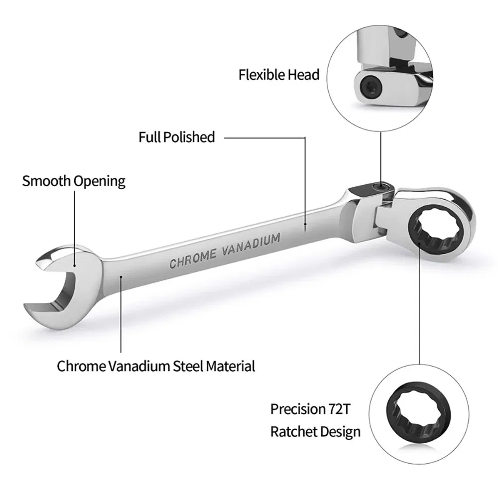 Color: grey - 1pc Ratchet Wrench of Keys Spanner Hand Tool 72-Tooth Ratcheting Flexible Head Mirror Finish