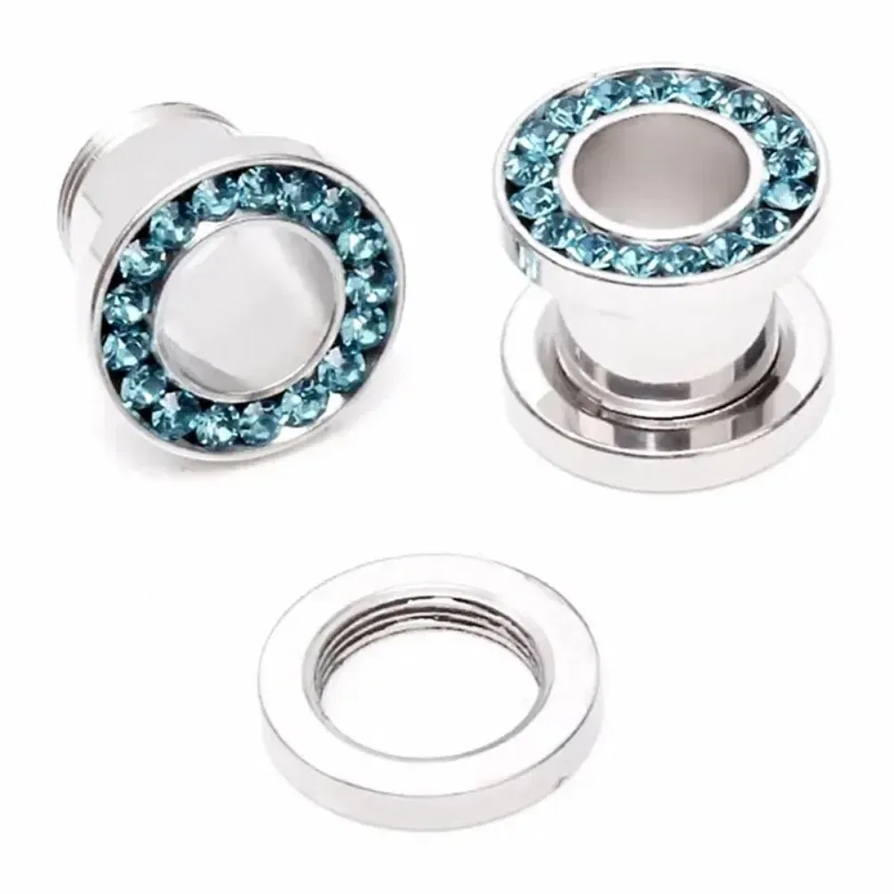 Metal color: Light Yellow Gold Color, Main Stone Color: Silver - 2pc Steel Multicolour Crystal Ear Plug Flesh Tunnel 8g ( 3mm ) - 1" ( 25mm ) Gauge Expander Stretcher Screw Fit