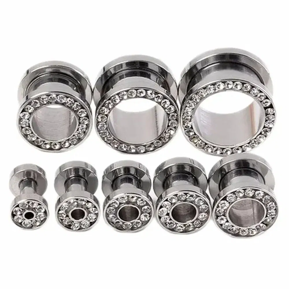 Metal color: Light Yellow Gold Color, Main Stone Color: Silver - 2pc Steel Multicolour Crystal Ear Plug Flesh Tunnel 8g ( 3mm ) - 1" ( 25mm ) Gauge Expander Stretcher Screw Fit