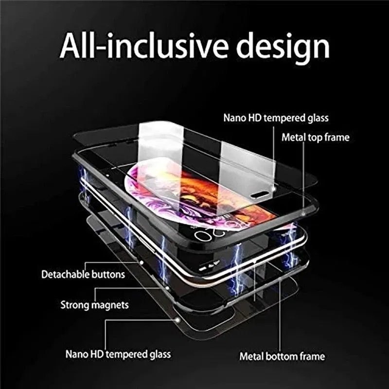 Color: Silver, Material: ABS - Magnetic Metal Case For iPhone 15 14 13 12 11 Pro 14Pro Max XS X XR 7 8 14Plus 12 Mini SE 2020 Double Sided Tempered Glass Cover