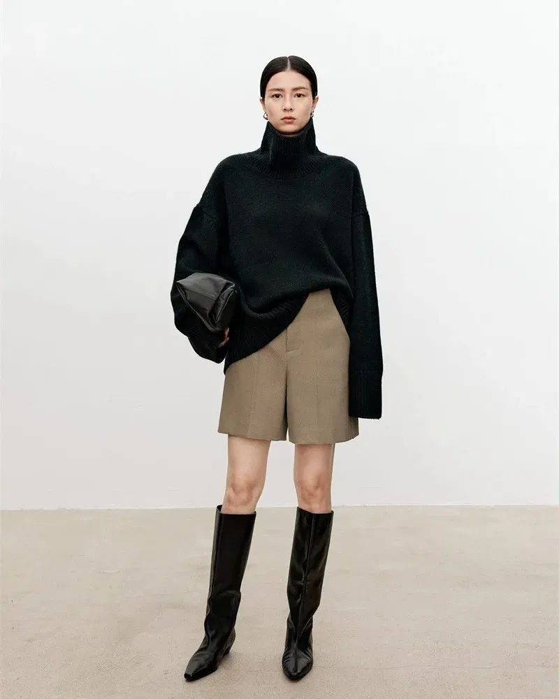Color: army green, Size: S, Ships From: CHINA - Turtleneck pure cashmere sweater female loose and thick languid lazy wind pullover sweater knitting base WOOL sweater