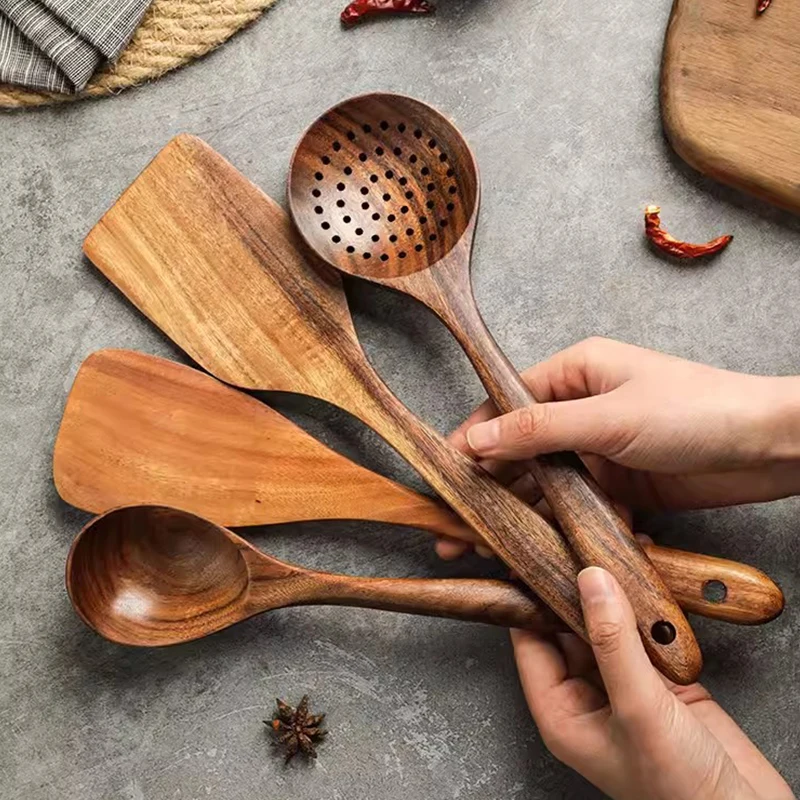 Color: Dark Grey - Teak Wooden Spatulas Kitchen Utensils Cooking Utensil Eco-Friendly Wood Spatula for Non Stick Cookware