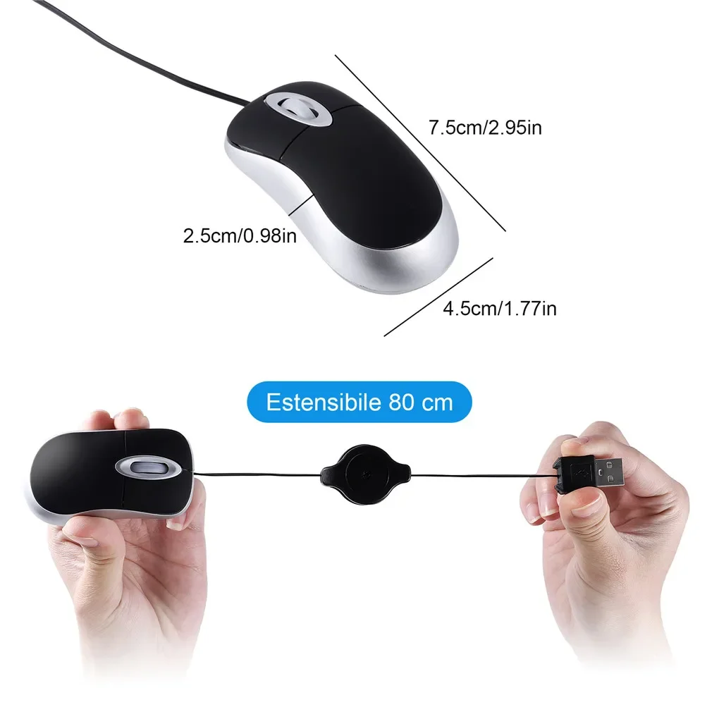 Color: Red - Mini Portable Wired Mouse Retractable USB Cable Ergonomic Mause Anti Winding Office Computer Mice Retractable Adjustable Mice