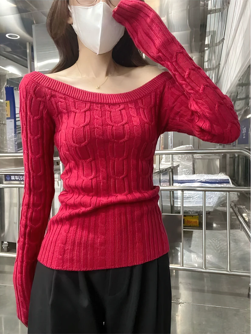 Color: WHITE, Size: L - Casual Off shoulder Rib Knit Sweater Pull Women Long sleeve Top Basic Tees White Slim Pullovers Lady Sexy One Shoulder New