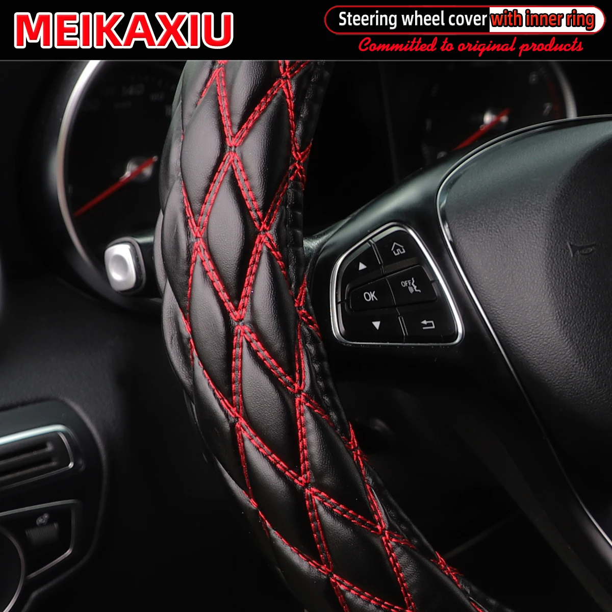 Color Name: Blue - New PU sheepskin embroidered double-thread car has an inner ring steering wheel cover suitable for 36cm, 37cm and 38cm