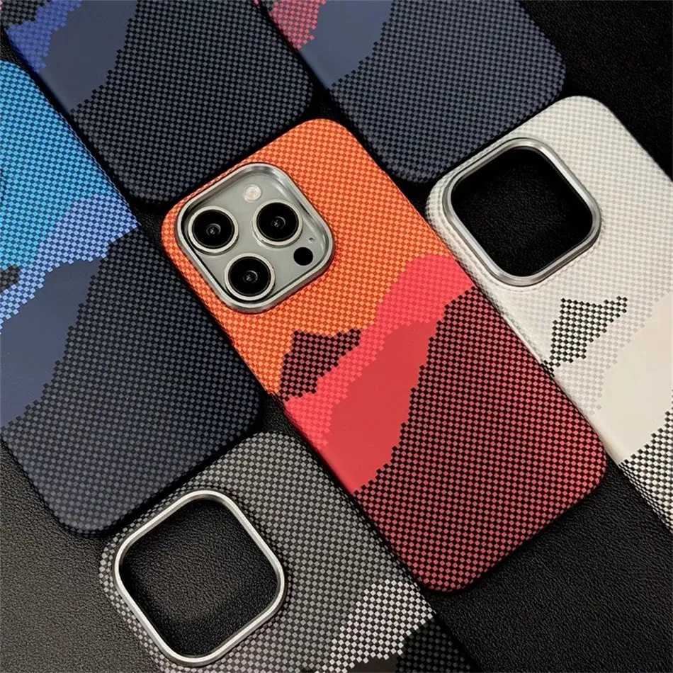 Color: Beige, Material: PU - Luxury Alloy Lens 3D Relief Peak Carbon Fibre Pattern Case For iPhone 13 14 15 16 Pro Max Slim Shockproof PC Cover For Magsafe