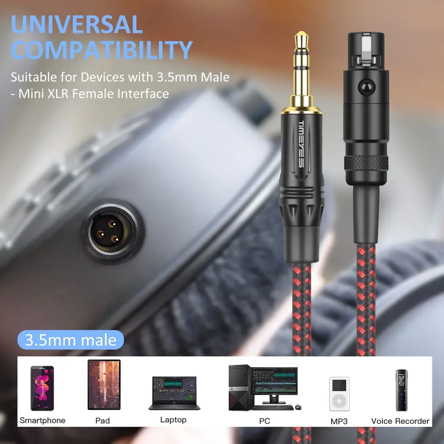 Color: Black, Length: 11m - TIMEYES 3.5mm To Mini XLR Female Stereo Audio Cable 1/8 Inch TRS To 3-pin Mini XLR Female Headphones Audio Cable