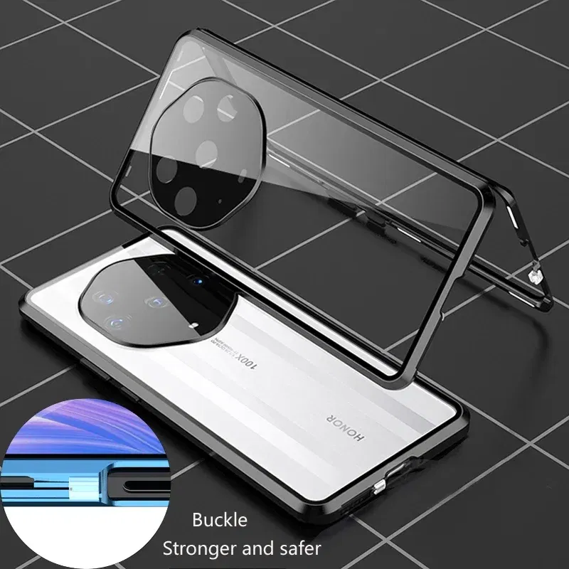 Color: Silver, Material: Microfiber - Double Sided Glass Magnetic Metal Snap Lock Phone Case For Honor Magic 4 5 Ultimate 6 Lite 7 Pro Lens Protection Cover Cases