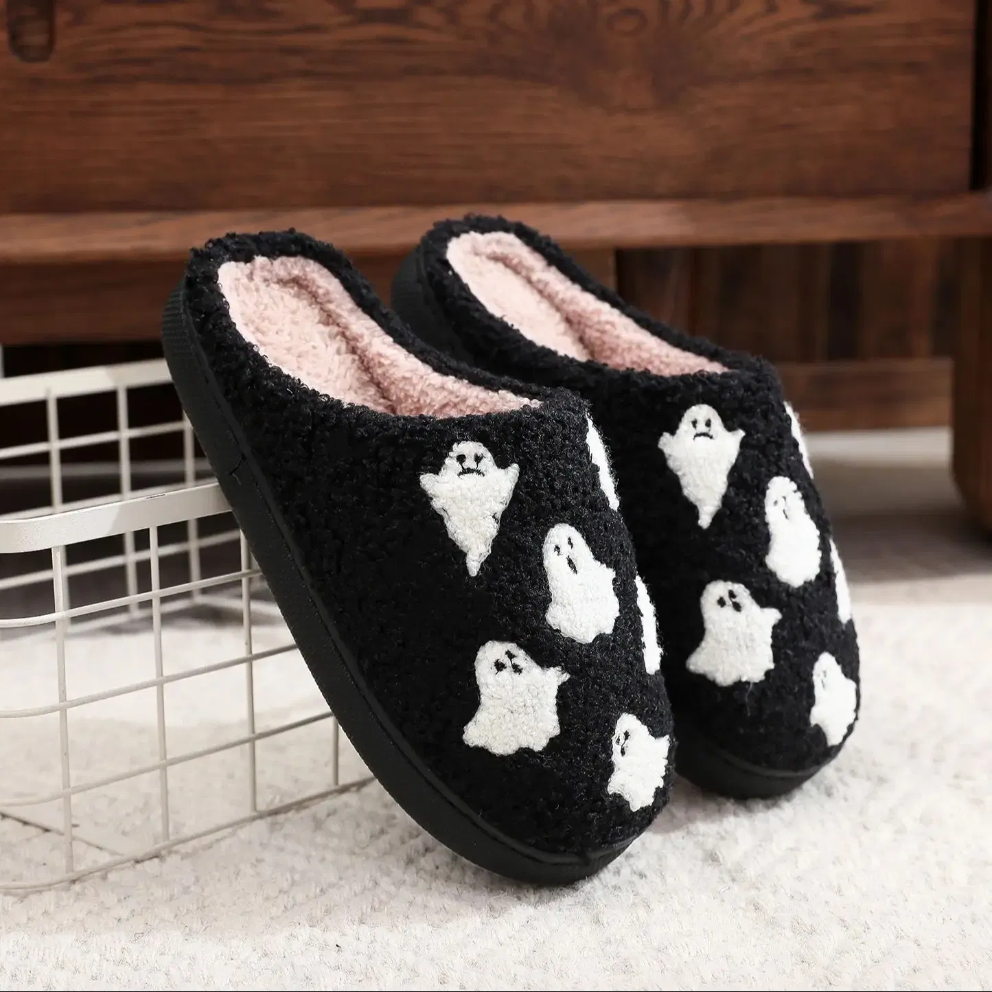 Color: black, Shoe Size: 44 - Halloween Ghost Pattern Black Cotton Slippers Non-slip Thick Sole Lightweight stuffed Slippers Holiday Gift