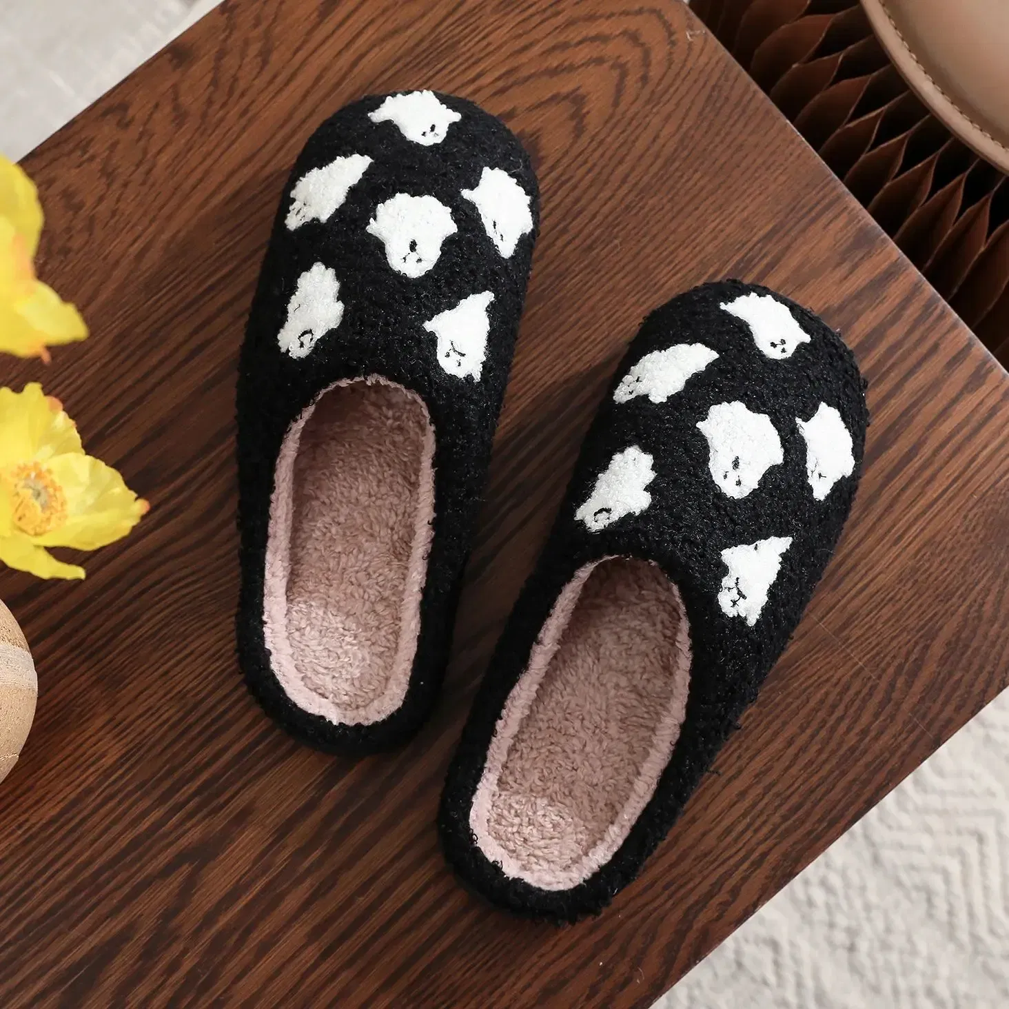 Color: black, Shoe Size: 44 - Halloween Ghost Pattern Black Cotton Slippers Non-slip Thick Sole Lightweight stuffed Slippers Holiday Gift