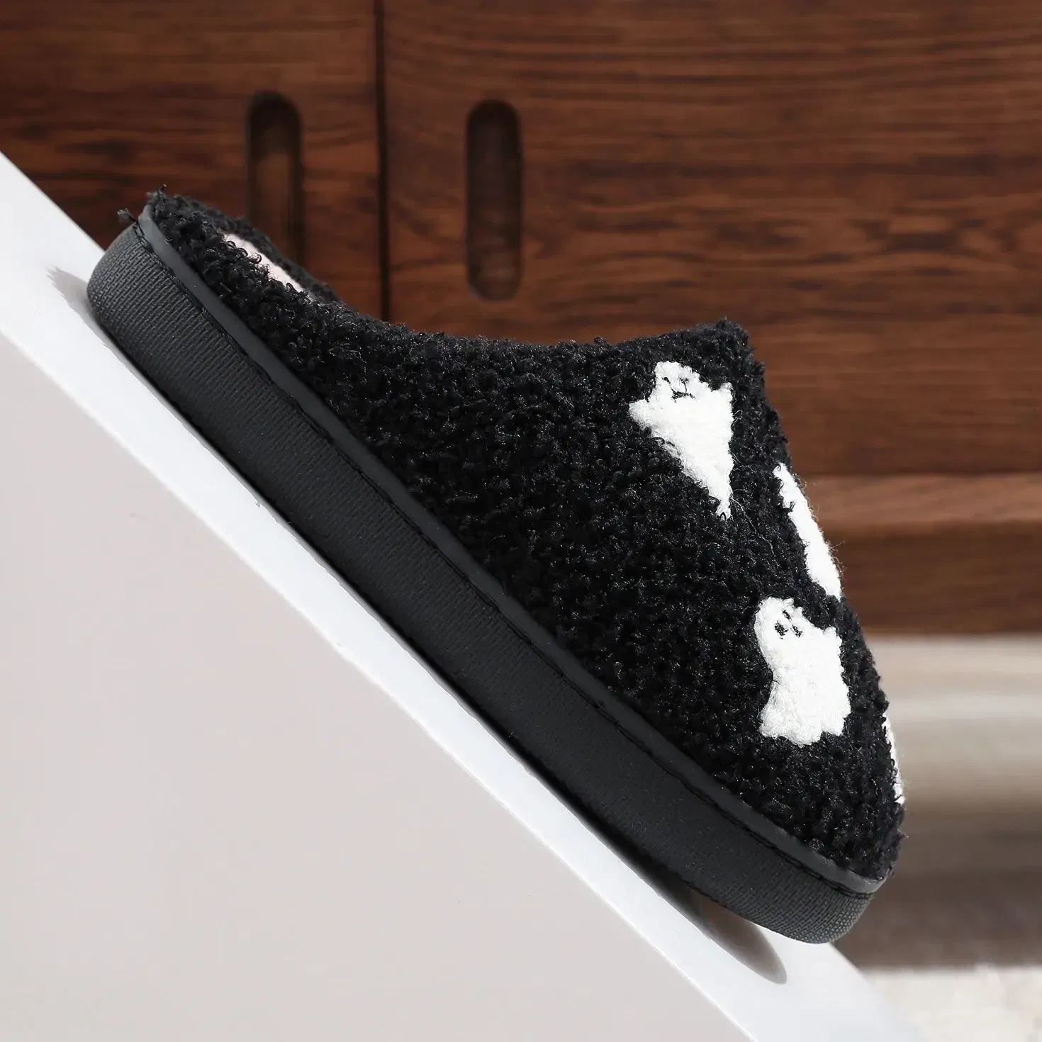 Color: black, Shoe Size: 44 - Halloween Ghost Pattern Black Cotton Slippers Non-slip Thick Sole Lightweight stuffed Slippers Holiday Gift