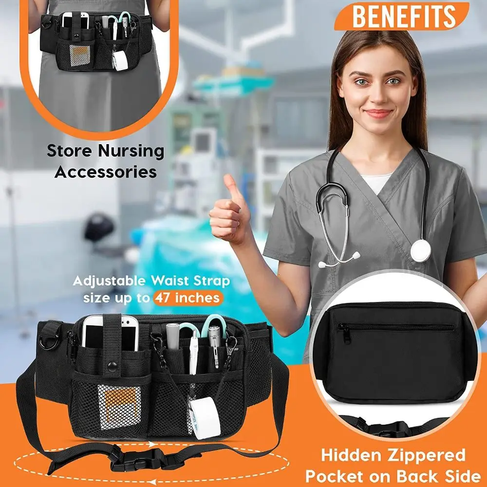 Color: Brown - Adjustable Nurse Fanny Pack Portable Large Capacity Polyester Nurse Pouch Waist Bag Multi Compartment Pocket Belt Organizer