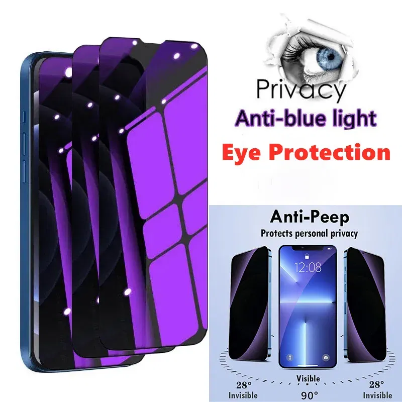 Color: Dark Blue - Anti Blue Light Privacy Tempered Glass for iPhone 16 15 Pro Max 14 Plus 13 12 Mini 11 Eye Protection Clear Screen Protector Film