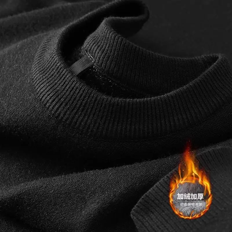 Color: Blue, Size: XL - Plush Men's Knitted Sweater Turtleneck with Velvet Padded Warm Solid Pullovers Autumn Winter Thick Bottom Casual O-Neck Sweater