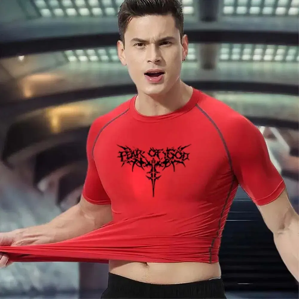 Color: Red, Size: XL - Men's Compression Shirt Anime Print Gym Sport Quick Dry Gym TShirts Fitness Athletic Undershirts Elasticity Tops Tee Summer Male