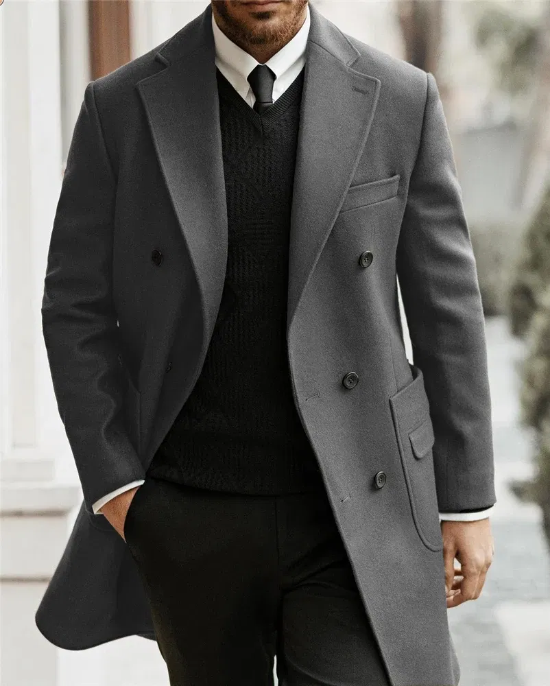 Color: Brown, Size: L - Classic Man Trench Coat Customized Notched Lapel Full Man Terno Double Breasted Elegant Gentleman Long Coat Men's Winter Jacket
