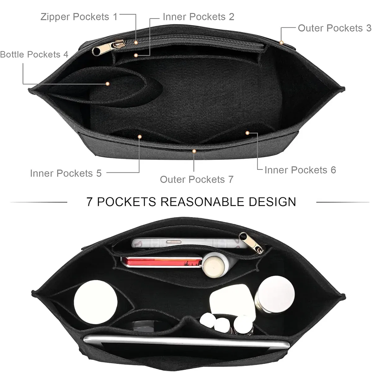 Color: Gold - Felt Purse Organizer Insert for Longchamp Le Pliage S/ML Handbag Insert
